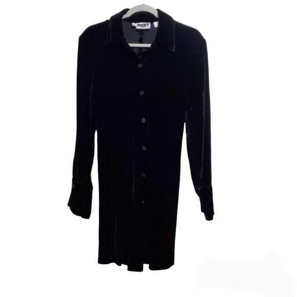 DKNY Vintage Velveteen Velour Silk Blend Button Down Black Shirt Dress S… - Picture 1 of 8